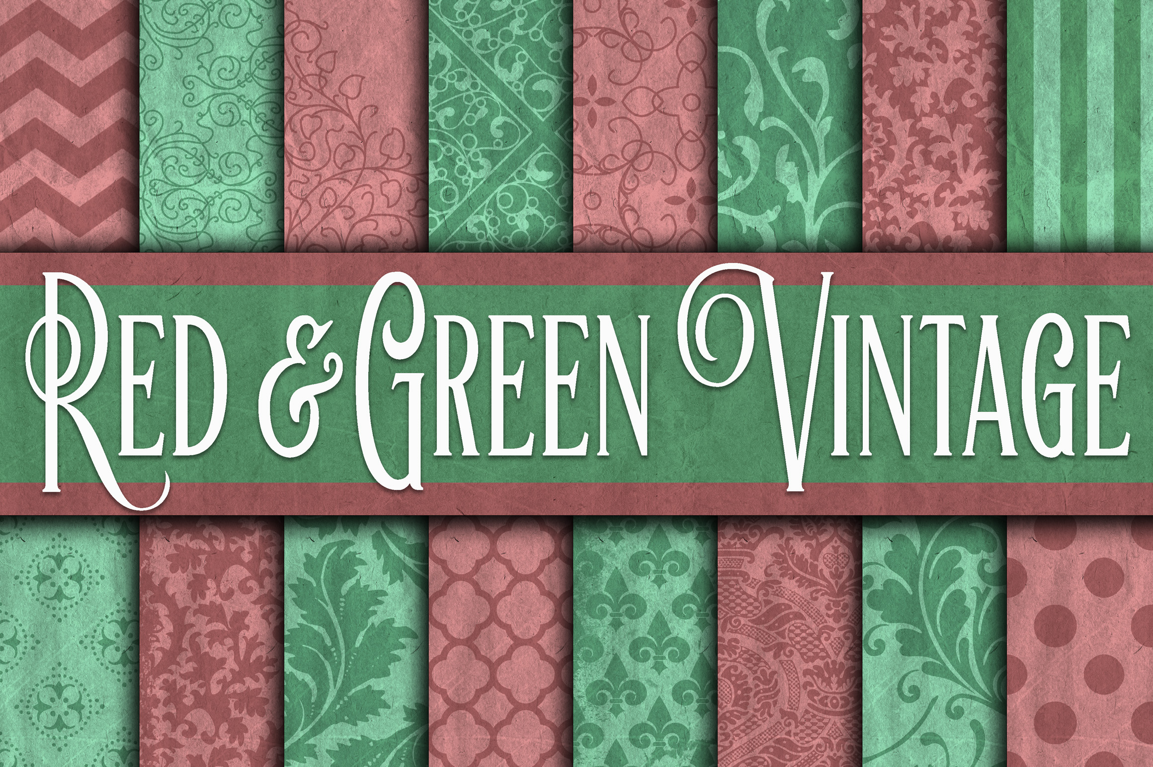 Vintage Red Green Digital Paper - Christmas Textures